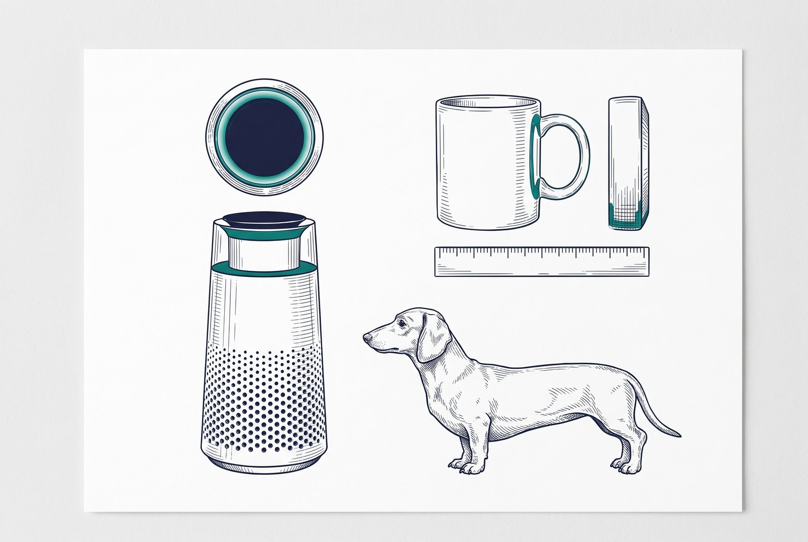 Fine-line plate illustration of the purifier from the side and top beside a mug, a ruler and a dachshund.