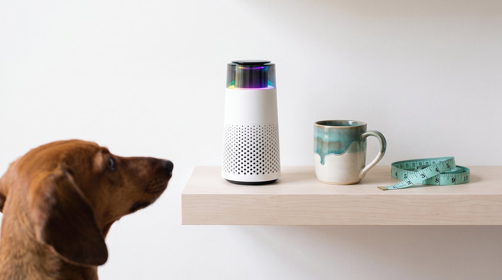 The Puppy Kind purifier on a pale floating shelf next to a coffee mug and a measuring tape, with a dachshund looking at it from the foreground.