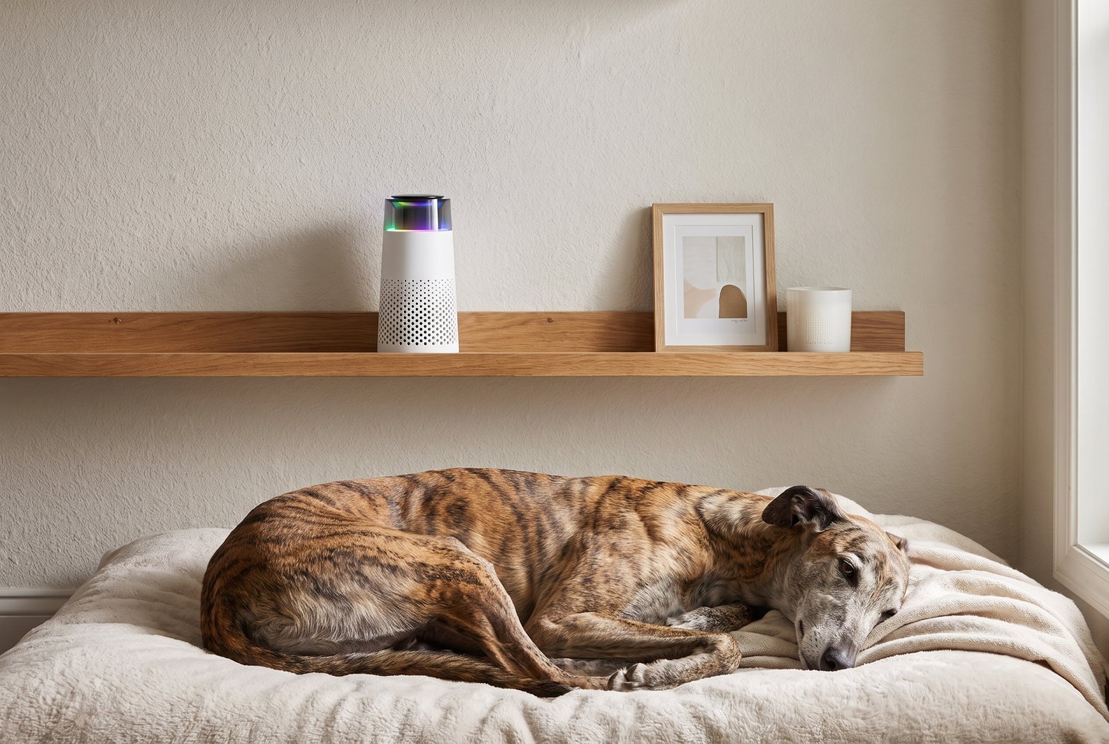 The Puppy Kind purifier on a narrow bedroom shelf with a framed print while a senior greyhound sleeps on a bed below.