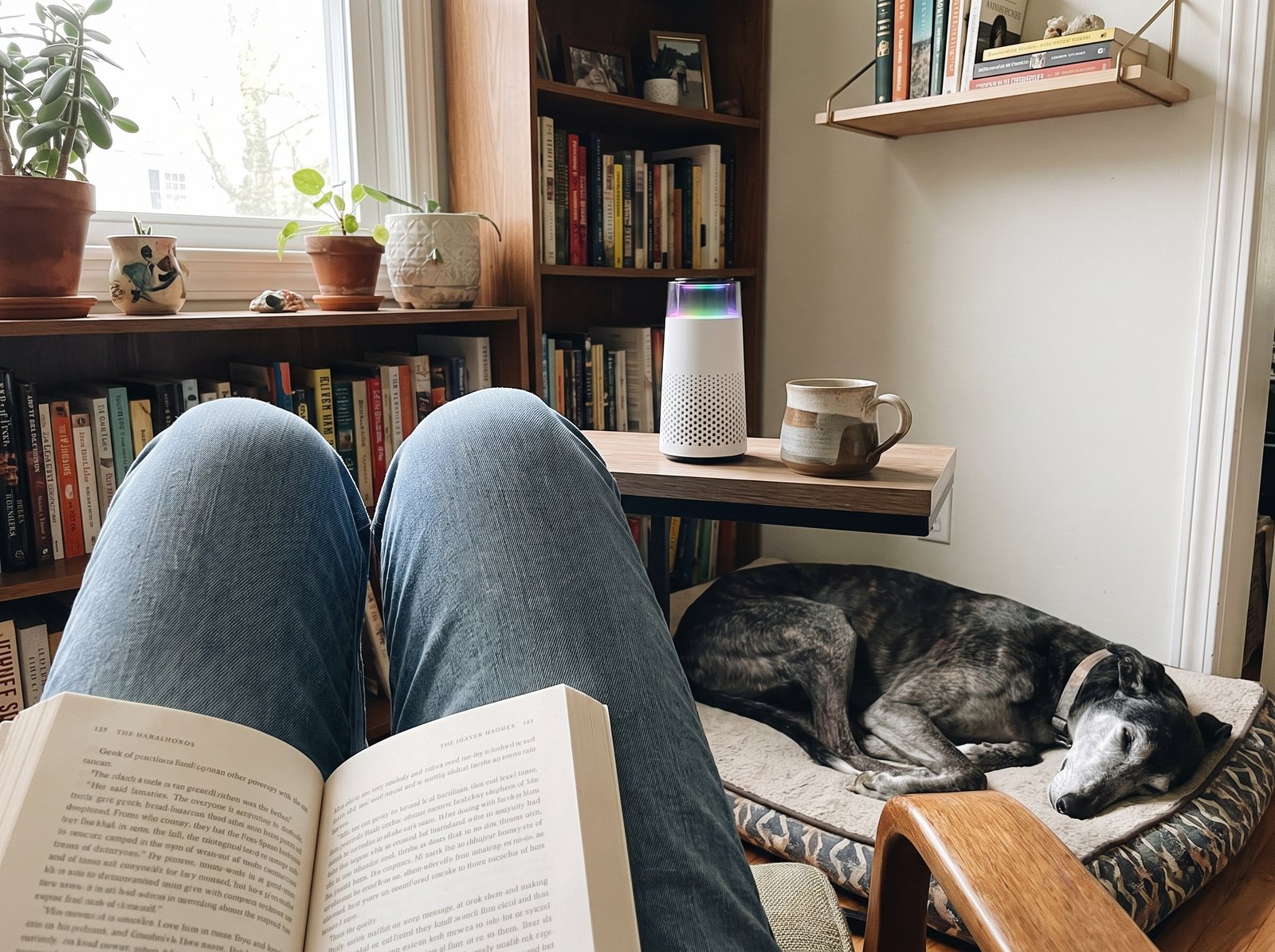 A view from a reading chair with an open book on the lap, the Puppy Kind purifier on a shallow shelf and a senior greyhound asleep on a bed.