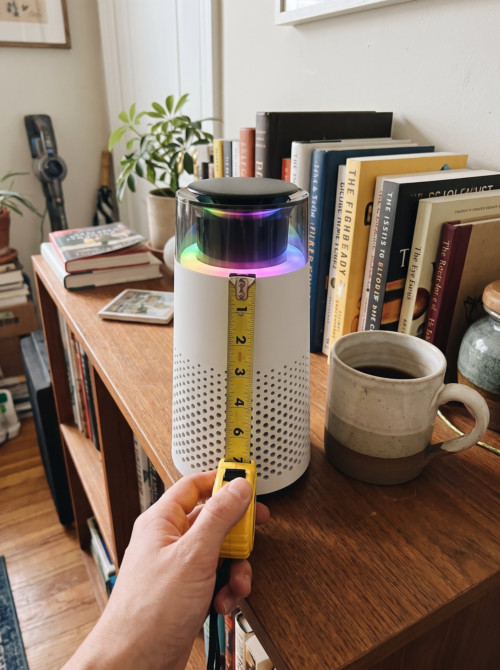 A hand holding a tape measure against the Puppy Kind purifier on a bookshelf next to a coffee mug.