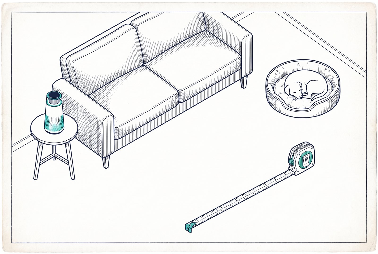 Fine-line floor plan illustration with a sofa, a dog bed, a tape measure and the purifier on a side table.