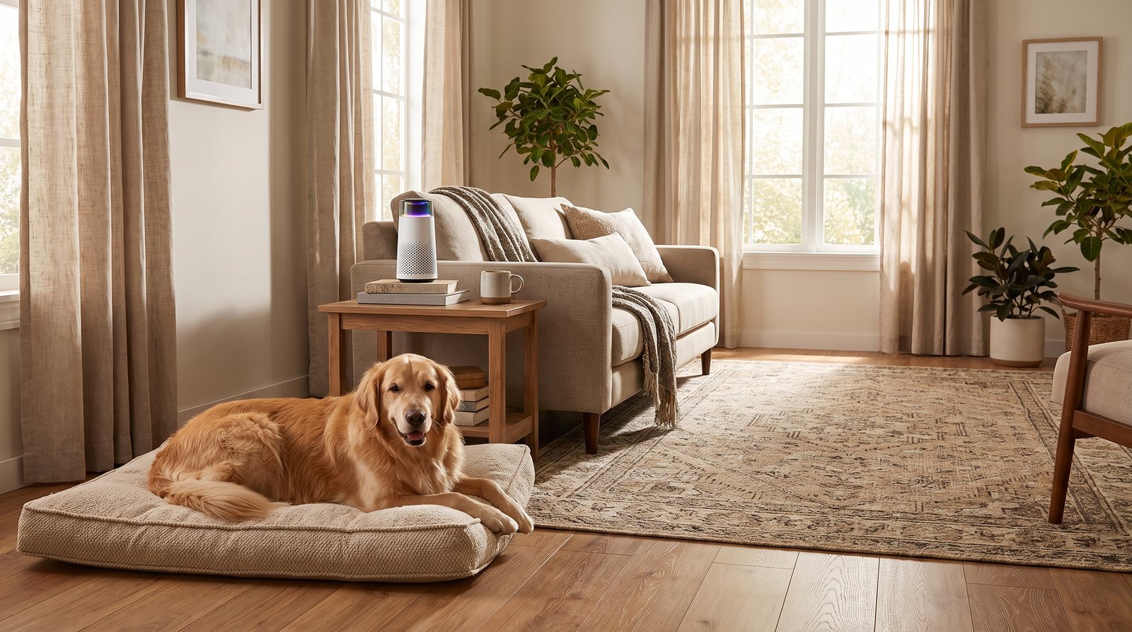 A cozy standard-size living room with a sofa, rug and a golden retriever on a dog bed, the Puppy Kind purifier on a side table nearby.