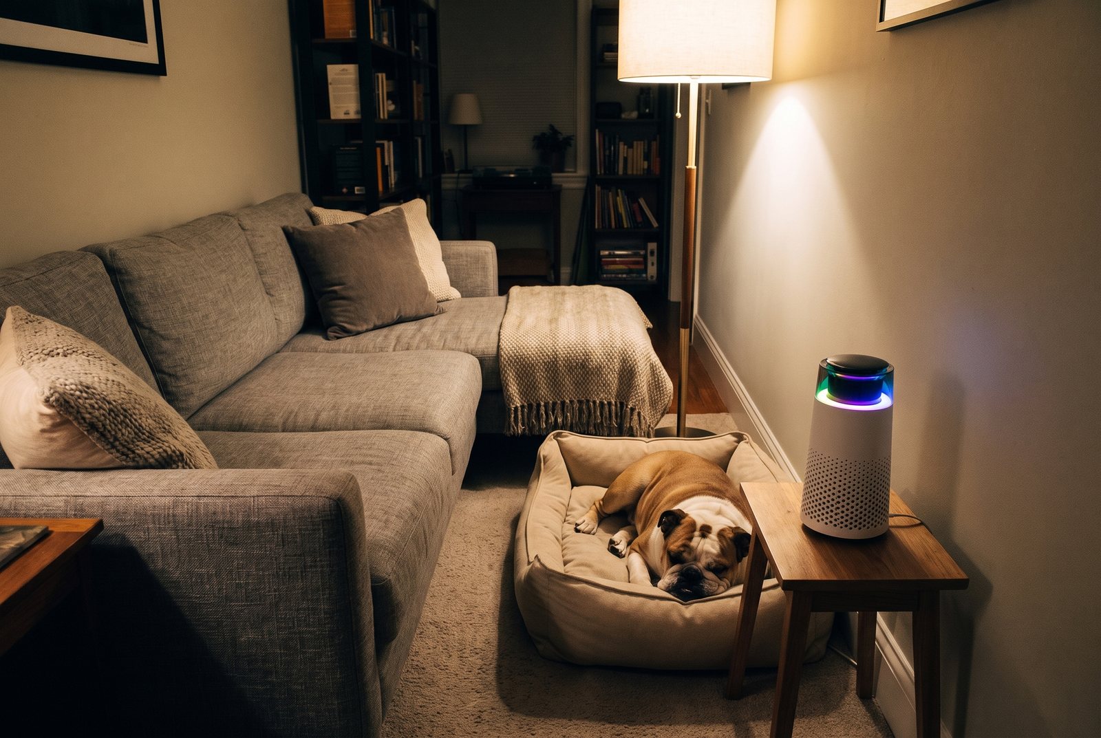 A long narrow den with a gray sectional and a bulldog on a dog bed, the Puppy Kind purifier on a side table right beside the bed.