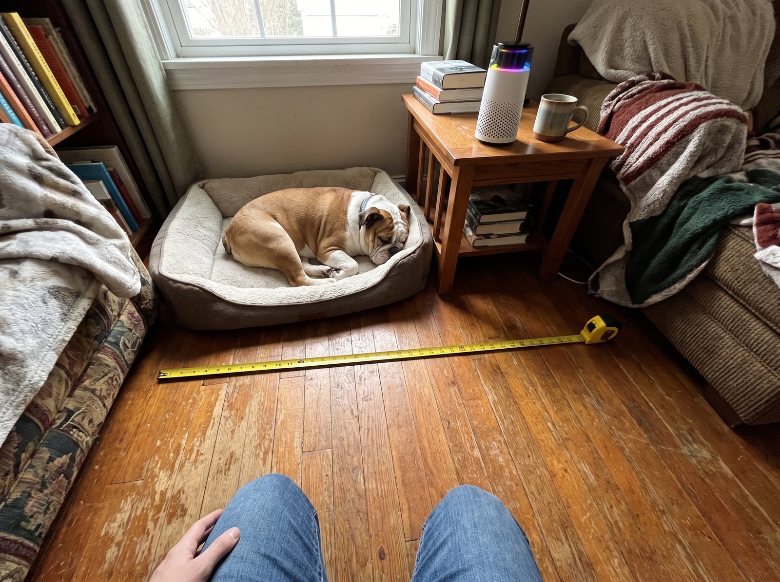 Looking down a tape measure stretched across a wooden den floor toward a bulldog on its bed beside an end table with the Puppy Kind purifier.