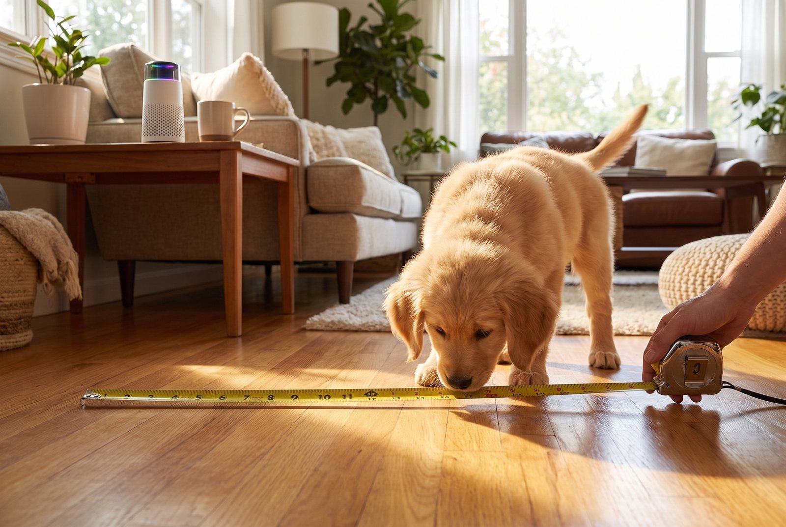 A hand holding a tape measure across a wooden floor while a golden puppy sniffs the tape, the Puppy Kind purifier on a side table behind.