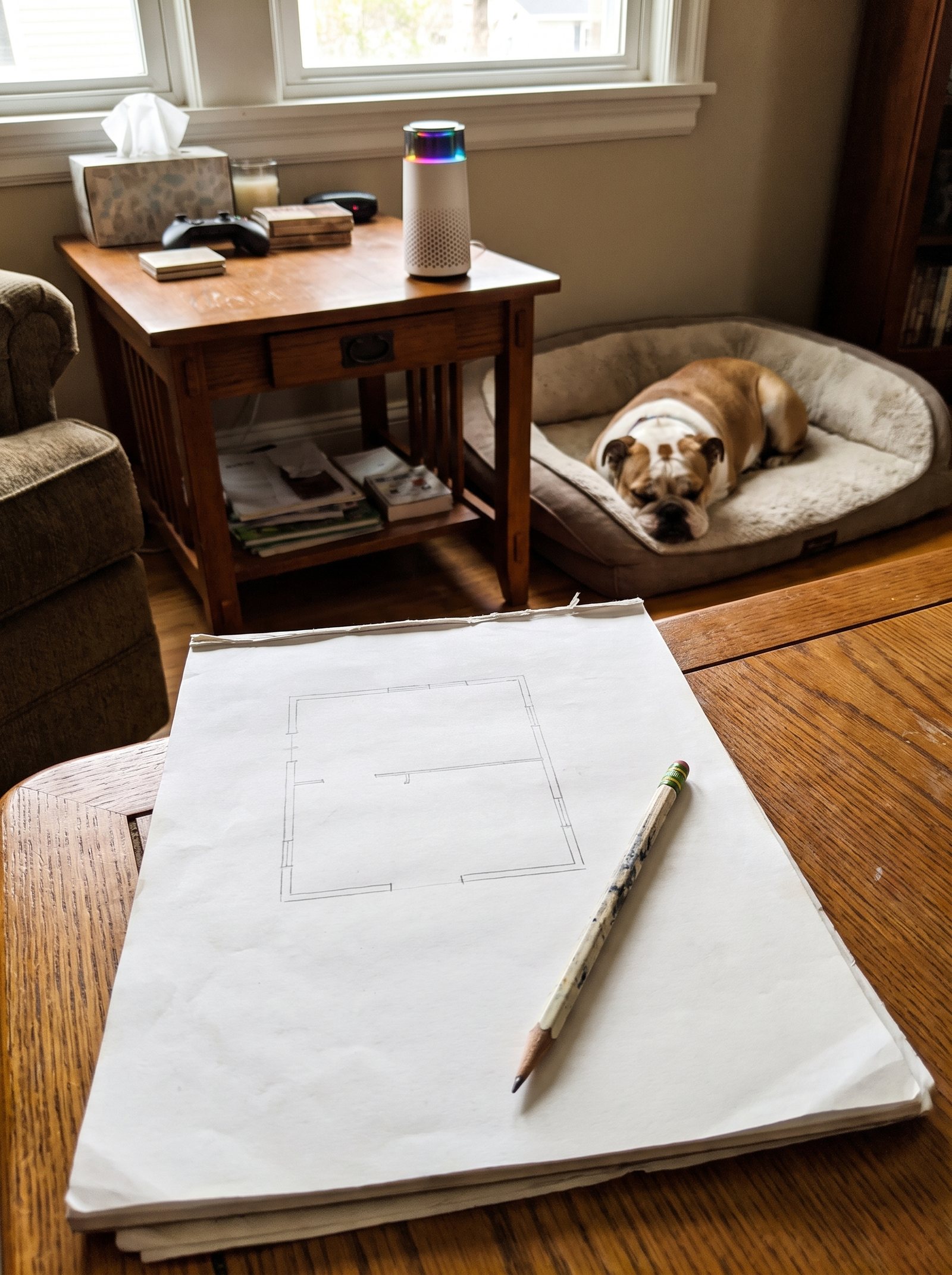 A notepad with a hand-drawn rectangular floor plan and a pencil, with the Puppy Kind purifier on an end table and a bulldog on its bed behind.