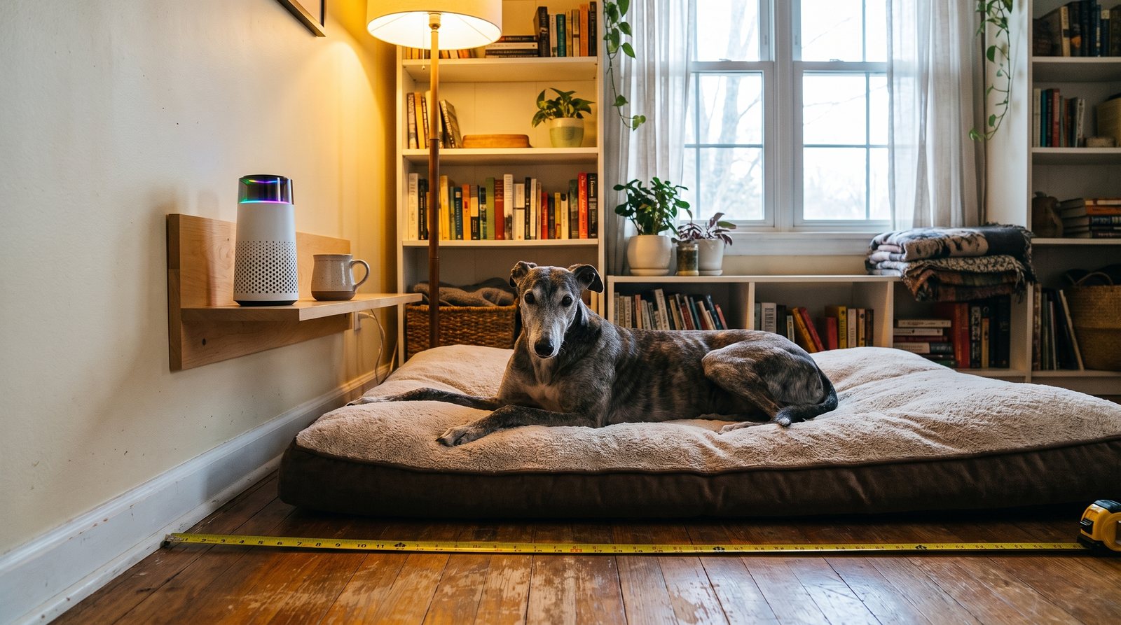 A tape measure stretched across a den floor to a dog bed where a senior greyhound rests, the small Puppy Kind purifier on a wall shelf nearby.