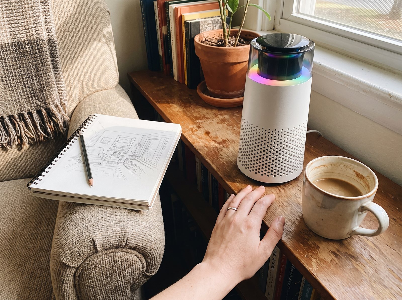 A hand on a shallow reading-nook shelf beside the Puppy Kind purifier and a mug, a notebook with a room sketch on the chair arm.