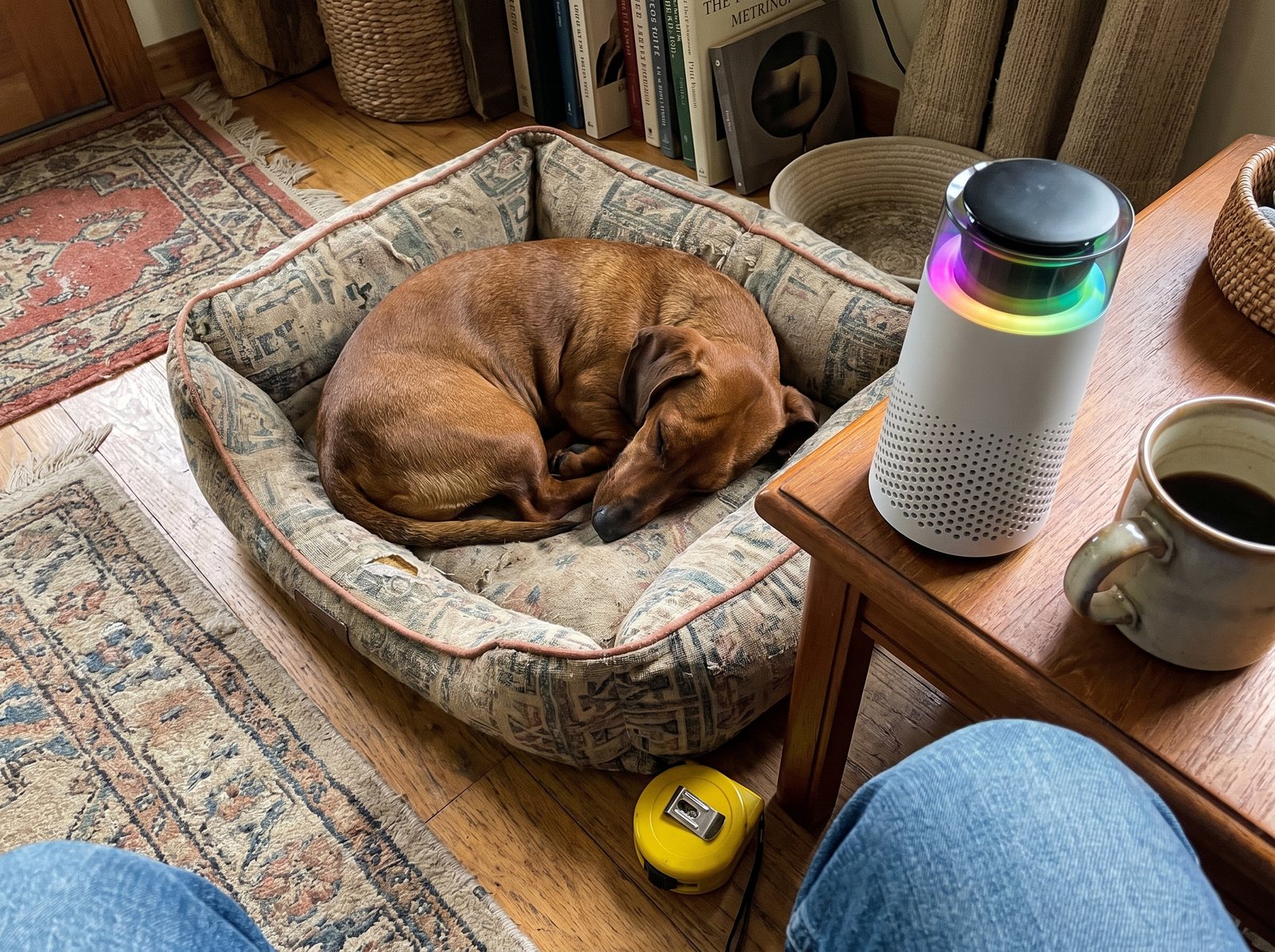 A dachshund curled in a dog bed in a den, the Puppy Kind purifier on the end table right beside it, a rolled tape measure on the floor.