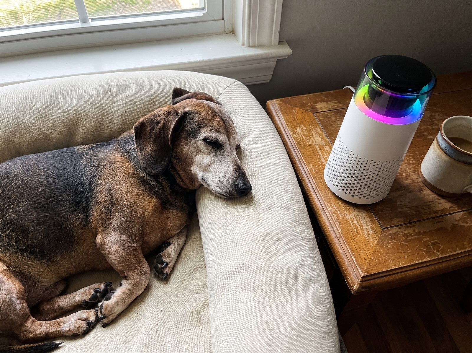 An older grey-muzzled dachshund sleeping against the raised side of a cream bolster bed, the Puppy Kind purifier on the end table beside it.