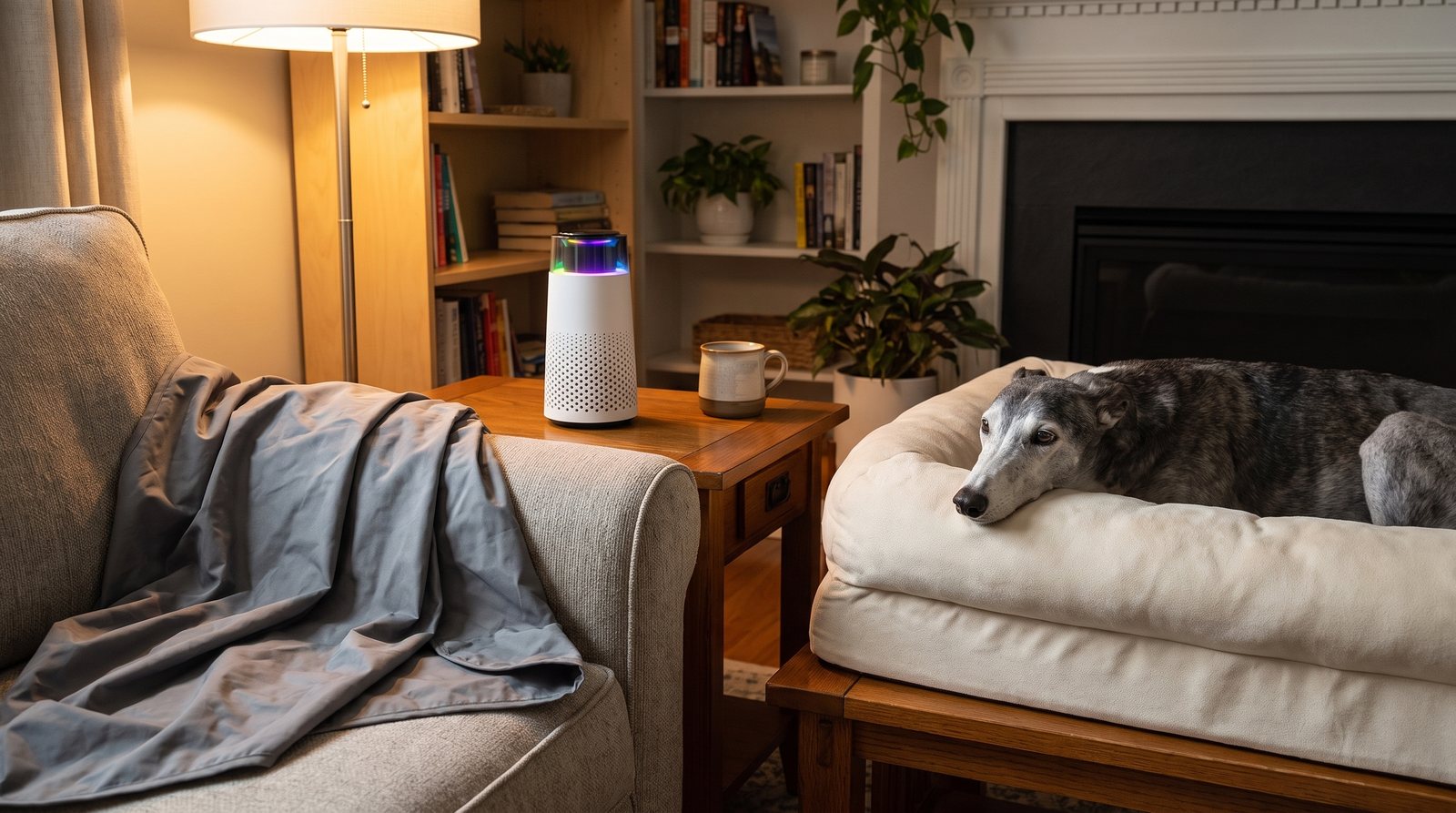 A senior greyhound resting its chin on the raised side of a cream bolster bed, a grey blanket on the sofa and the Puppy Kind purifier on the end table beside the bed.